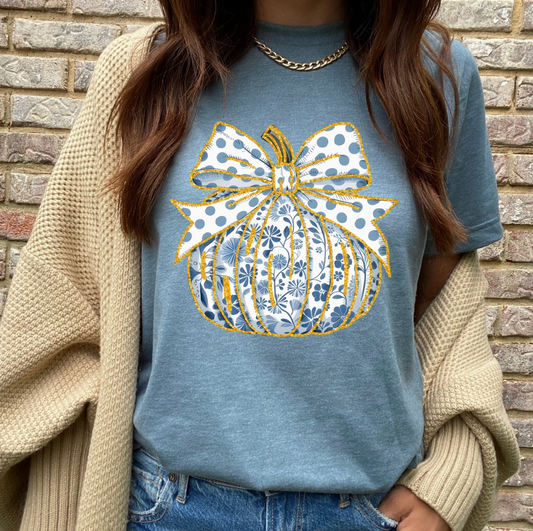 Blue and White Floral Pumpkin Tee