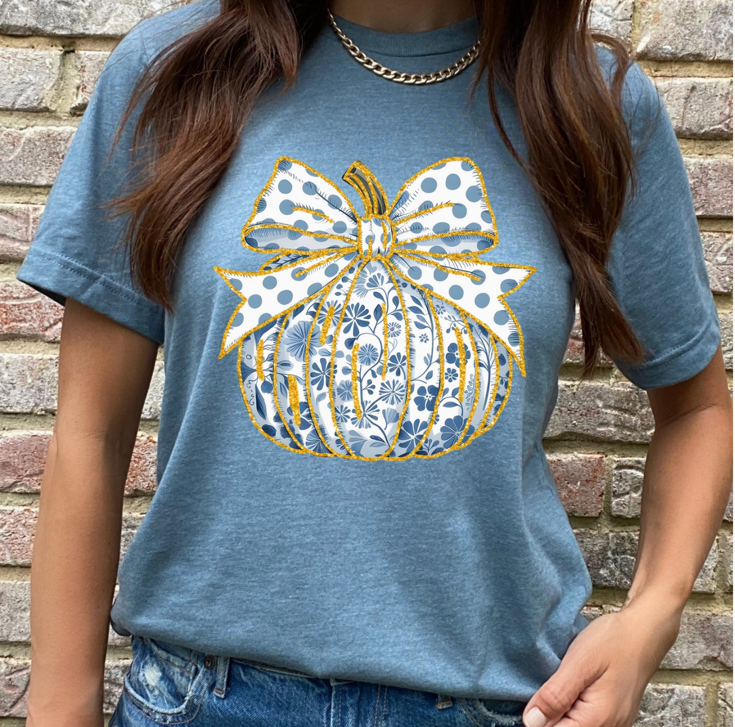 Blue and White Floral Pumpkin Tee